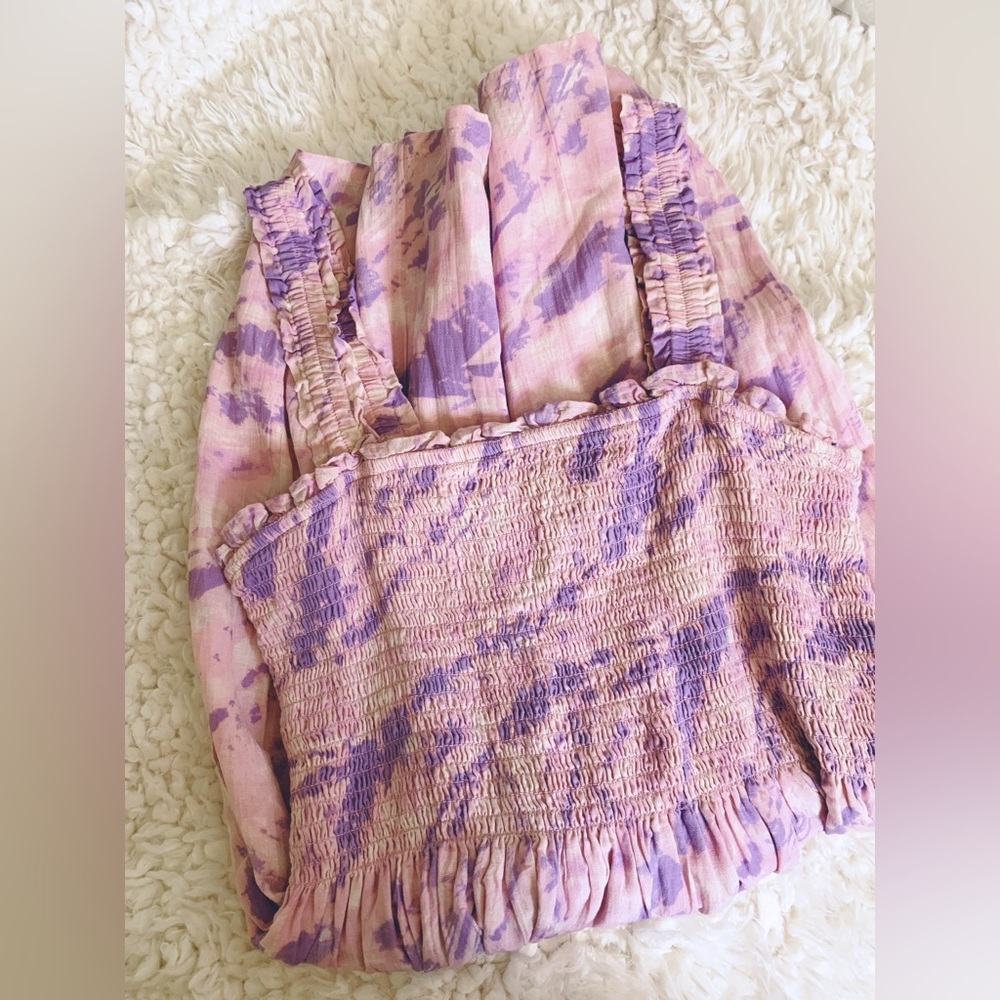 New GAP Pink and Lilac Tie Dye Print Smocked Casual Mini Sun Dress - Picture 3 of 9